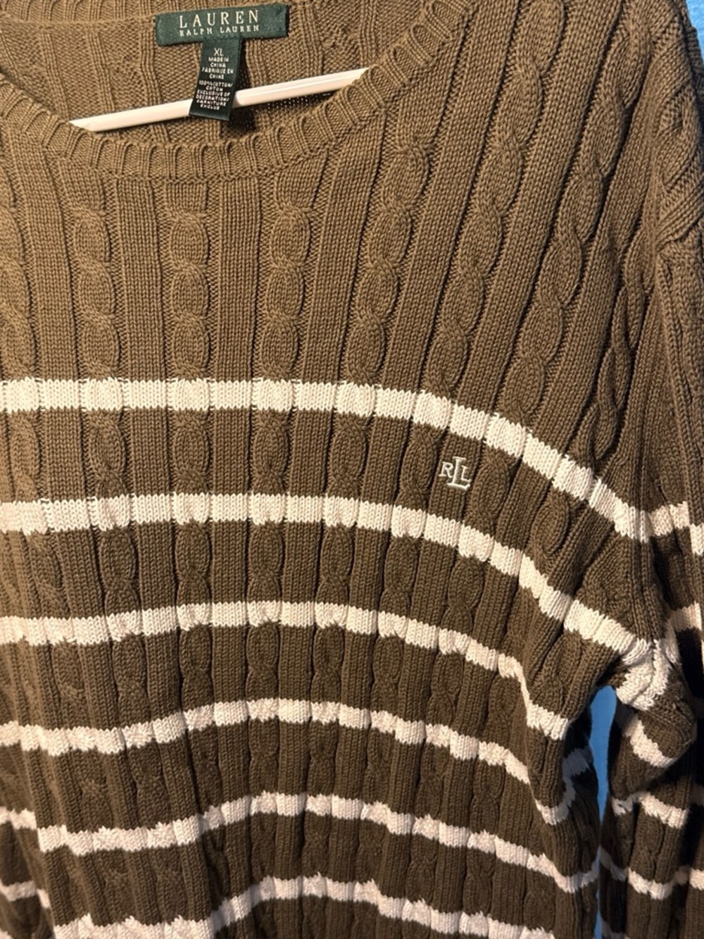 Polo by Ralph Lauren Olive and Cream Striped Cable-Knit Crewneck Sweater